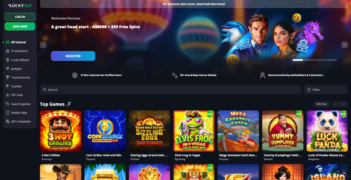 LuckyElf casino main page