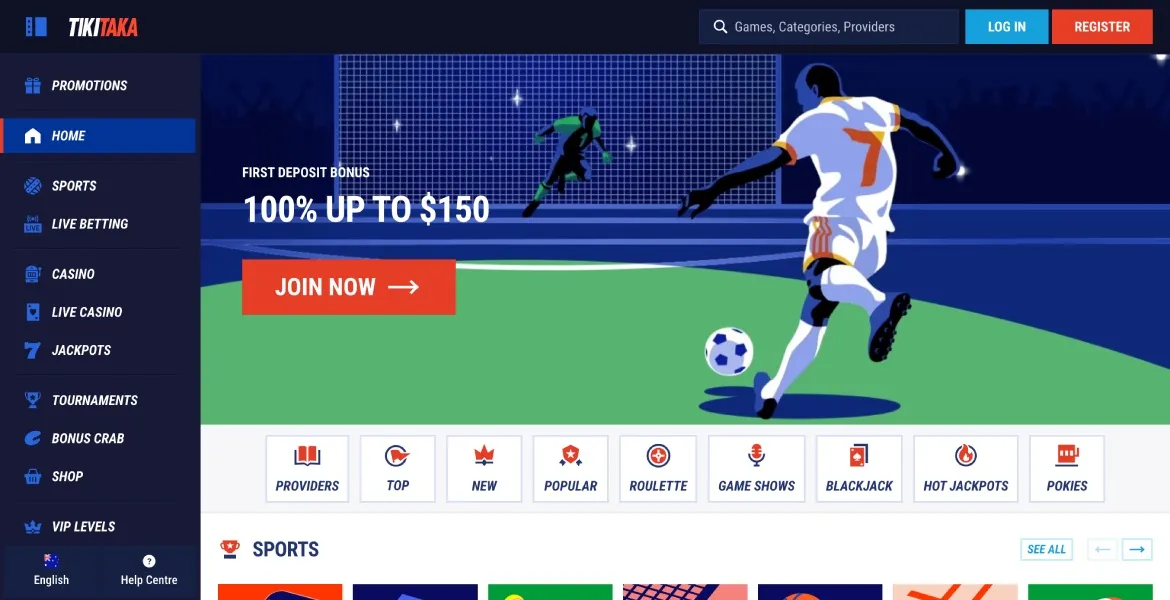 TikiTaka sportsbook homepage with soccer player kicking ball and welcome bonus offer