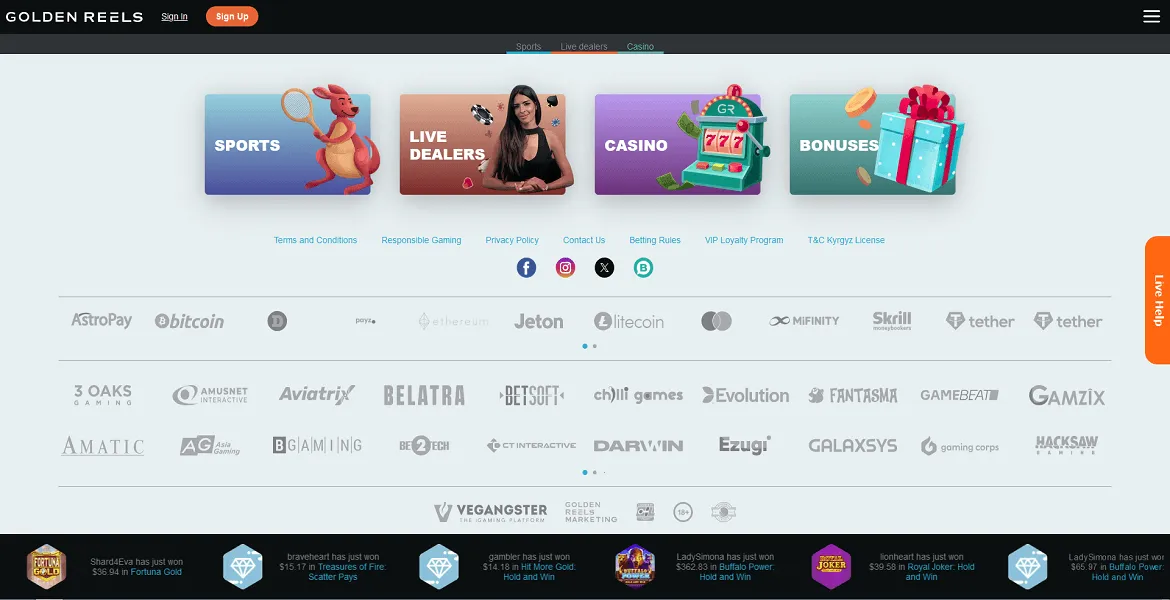 golden reels main page