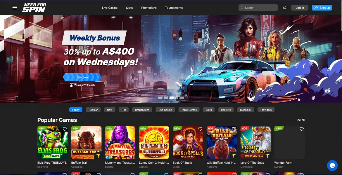 Need For Spin casino homepage showing bonus offer and popular slot games